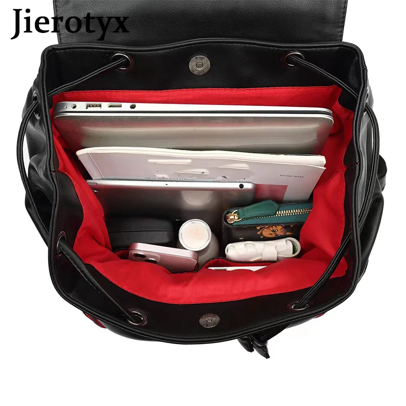 JIEROTYX Womens Studded Black Leather Backpack Casual Pack School Bags for Girls Punk Casual Traveling Daypack Bookbag Men