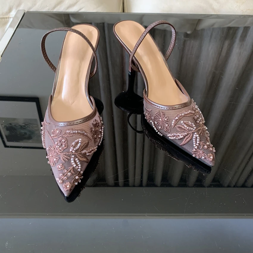 Summer Pointed Toe Mesh Embroider High Heels for ladies Elegant String Bead pumps Sexy Luxury Designer Shoe Brown Heeled Sandals view 2