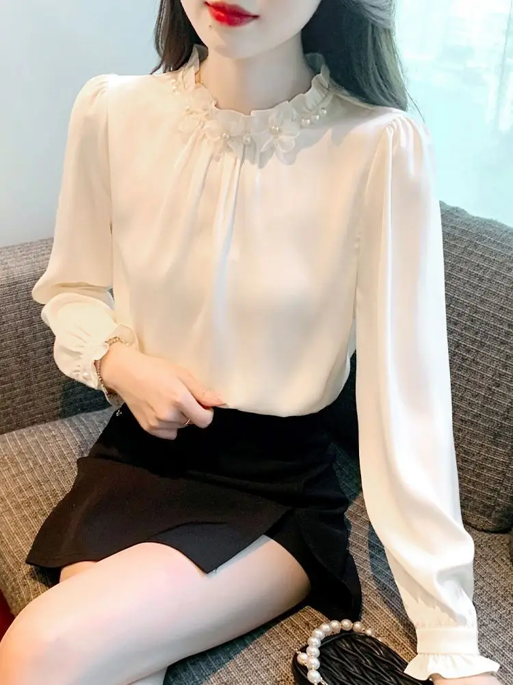 Stand Up Collar Chiffon Shirt Women's Long Sleeved New Top with French Style Shirt Inside Unique Black Fungus Collar Base Shirt