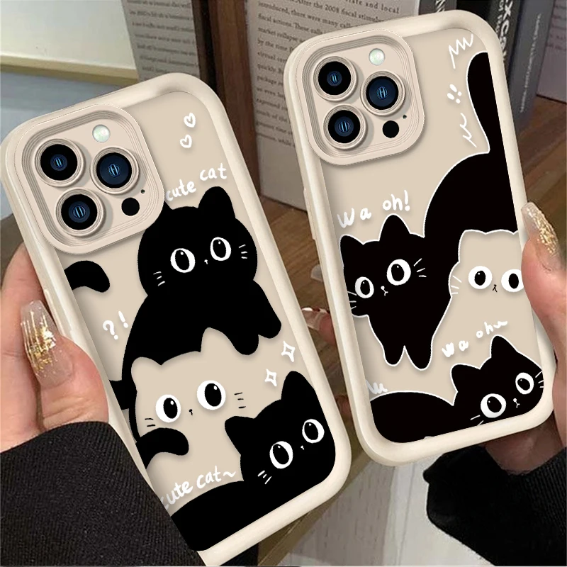 Cartoon Lovely Big Eye Cat Case For iPhone 16 15 14 13 12 11 Pro Max X XS X S Max XR SE 2020 7 8 Plus Silicone Printing Cover