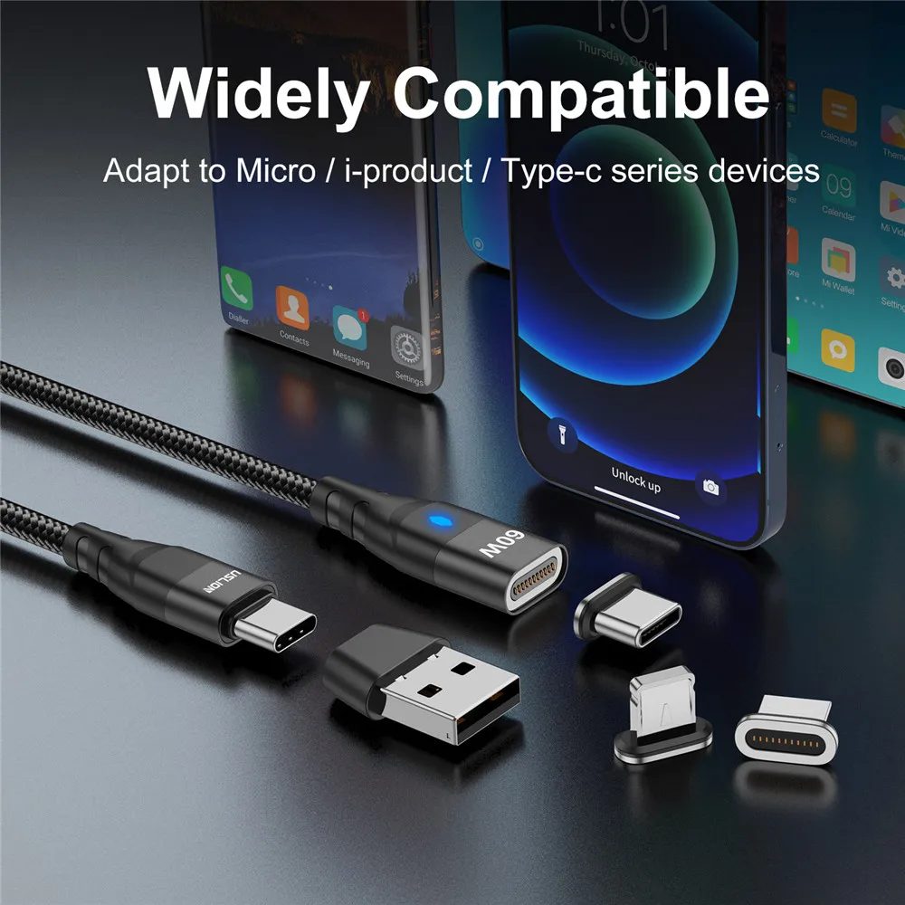 USLION 60W USB C to USB C Magnetic Cable Super Fast Charging Wire QC 3.0 Type C to Micro USB Cord With USB C to USB A Convertor
