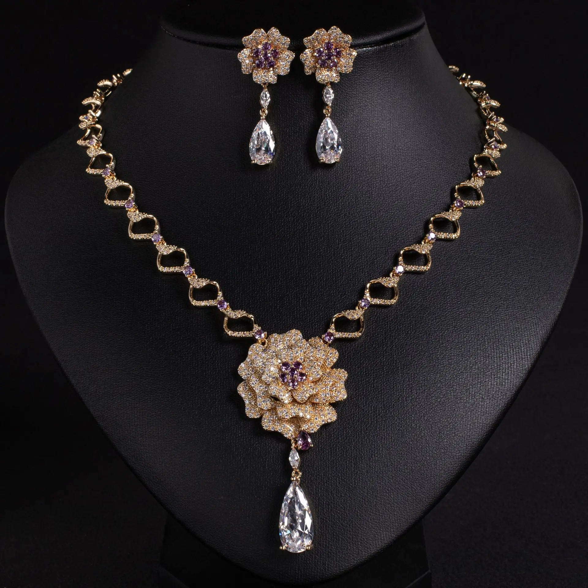 

New high quality light luxury hundred flowers pendant necklace earrings ladies jewellery set gift prom wedding party event M-370