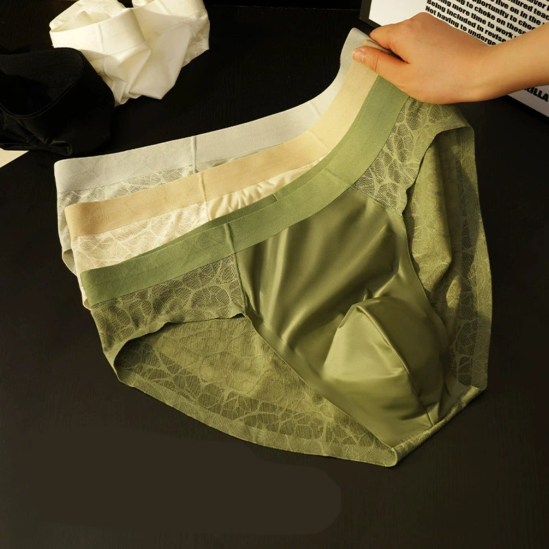 Seamless Jacquard Men Triangle Underwear Ice Silk Thin Breathable Panties Quick Drying Briefs Male Sexy U Bulge Pouch Underpants