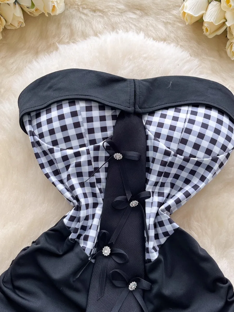 فوملينا دوبامين منقوشة بدون حمالات فستان أنبوبي المرأة الصيف ربطة القوس فيونكة المرقعة سليم صالح رغبة نقية Bodycon فستان قصير