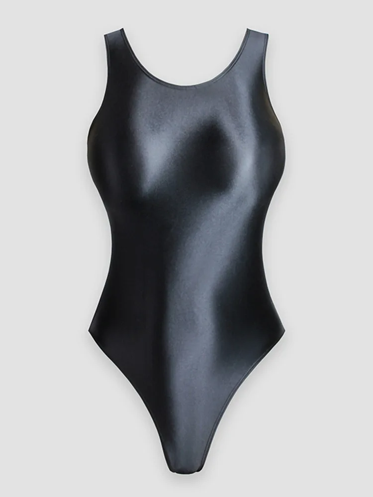 Volwassen Vrouwen Strakke Bodysuit Jumpsuit Glanzende Zijde Effen Kleur Hoog Gesneden Sherpin-Vormige Gymnastiekturnpakje Badpak Danskleding