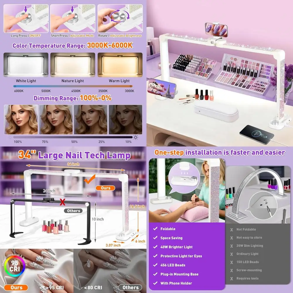 

Складная лампа для маникюра 4000 люмен с 34 большими светодиодами, держателем, плавной регулировкой яркости, 3 цветами подсветки - Crystal Diamond