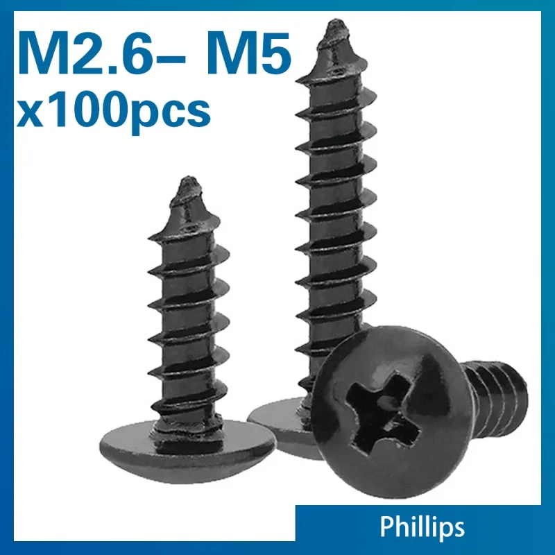 100pcs/lot M2.6 M3 M3.5 M4 M5 BLACK CARBON STEEL Phillips Truss Head Cross Recessed Mushroom Head Self Tapping Screws