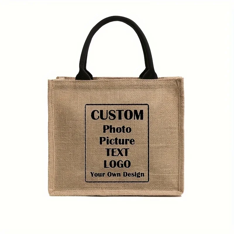 Custom Jute Tote Bag Personalized Add Photo Text Logo Customized Reusable Burlap Personalization Handbag Shopping Gift Bag