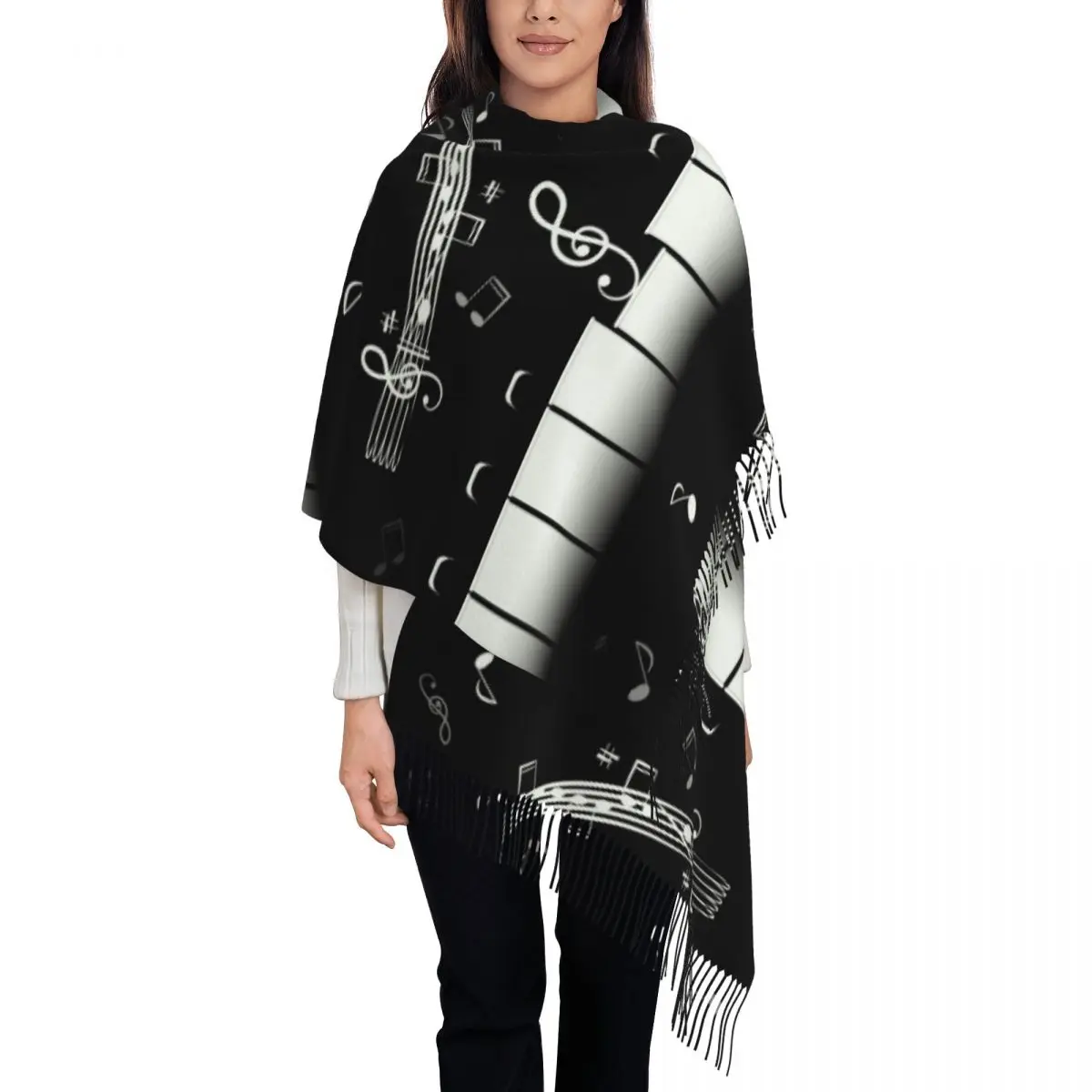 Piano Keys With Staff And Notes Women's Pashmina Shawl Wraps Fringe Scarf Long Large Scarf