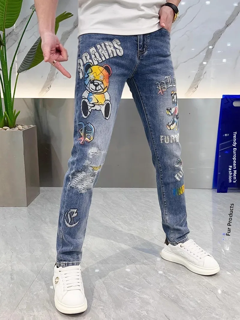 

Trendy Bear Print Jeans Men's Slim Fit Long Pants mid Waist Zipper Closure Breathable Comfortable Lightweight Summer Jeans