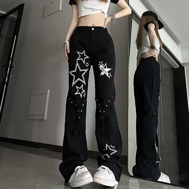 Women's Flare Jeans Bell Bottom Trousers High Waist Shot Cowboy Pants for Woman Emo Stylish Fitted Wide Leg Unique Summer Medium