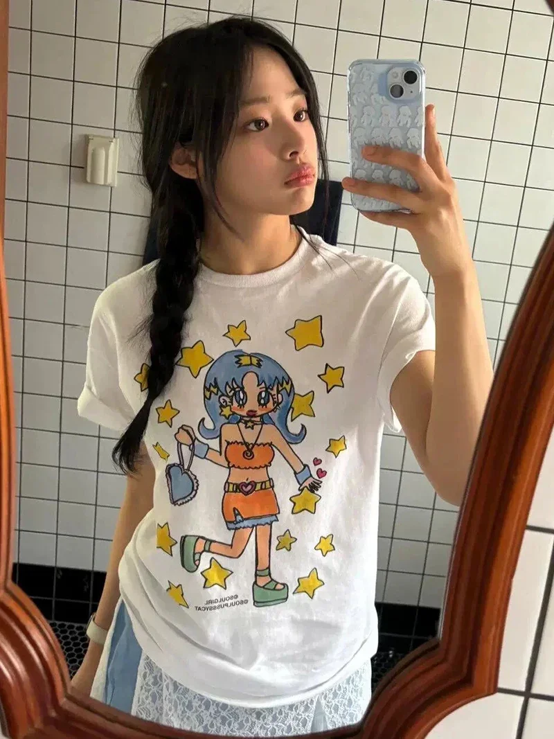 NewJeans Minji Summer Casual  Short Sleeve T Shirt Women's  Round Neck Tops Comfortable Breathable Casual Wear Tee