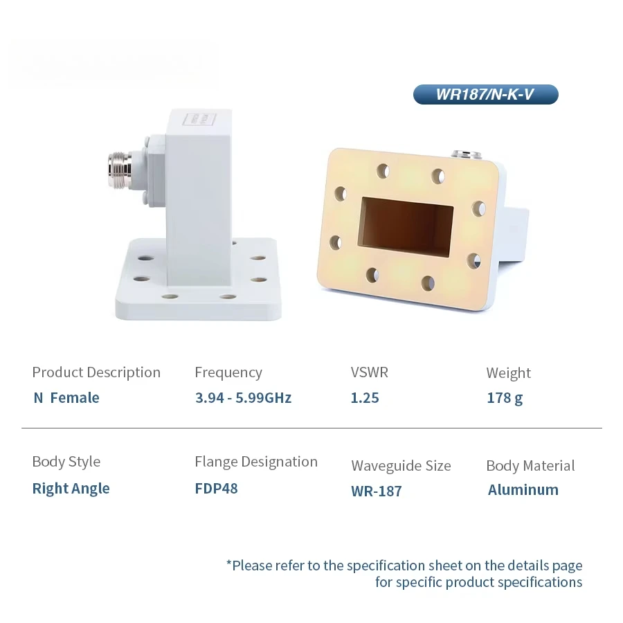 

WR-187 to N Female Right Angle Waveguide to Coax Adapters with FDP48 Flange 3.94-5.99GHz Telecom Parts