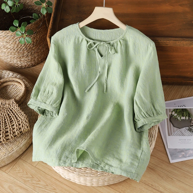 2024 New Summer Thing Vintage Ethnic Style Loose Fitting Short Sleeved Solid Round Neck Lace Up Pleated Women's T-shirt Top