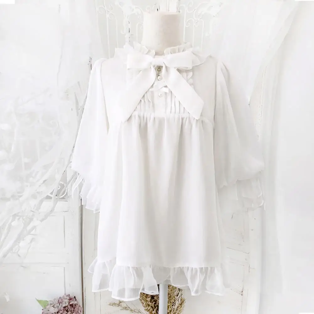 レトロバブルスリーブシャツ女性夏クリームロリータ半袖シフォンボトリングシャツとトップ蝶ネクタイは取り外し可能