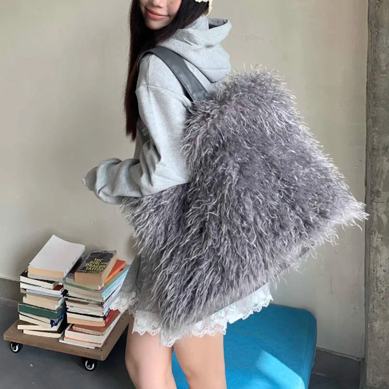 High Quality Artificial Mink Hair Shoulder Bag for Women Winter Trend Soft Solid Color Tote Bag Fluffy Faux Fur Women Handbag