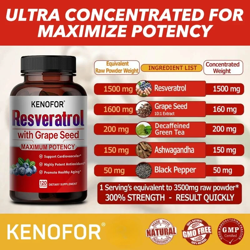 Ultra High Purity Resveratrol Capsules - 98% Trans-Resveratrol - Anti-Aging, Skin, Antioxidant, Helps Overall Health, Metabolism