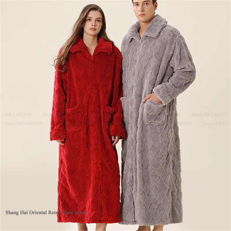 

NEW Winter Warm Flannel Couple Sleepwear Bathrobe High Collar Long Robe Nightwear Homewear Thick Coral Fleece Loungewear Pajama