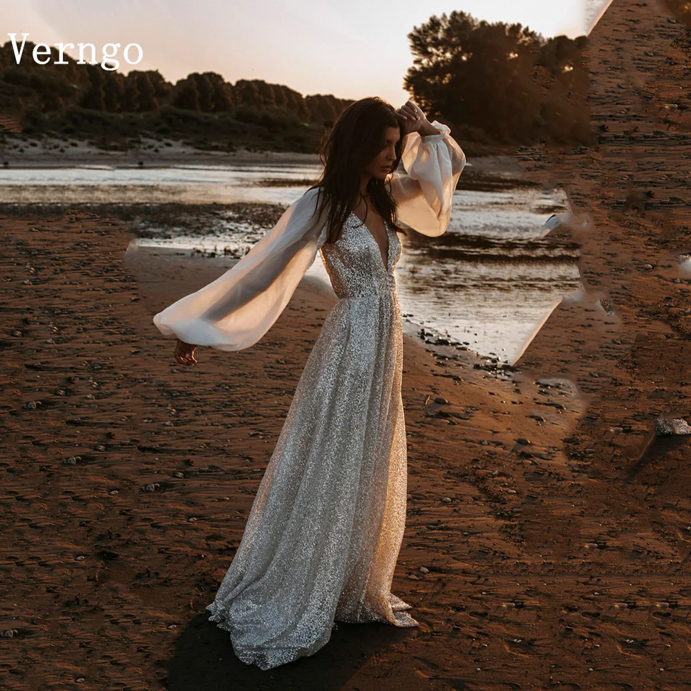 

Verngo Champagne Shiny Evening Dress Sexy V Neck Puff Long Sleeves Wedding Party Gowns Women Romantic Prom Gowns Customized