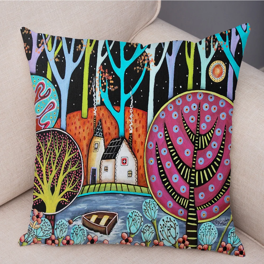 Home Living Room Sofa Bedroom Decorative Pillowcase Colorful Cartoon Printed  Retro Country Colors Urban Cushion Cover