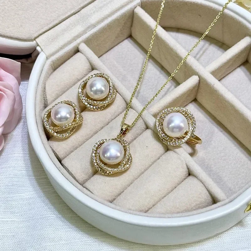 New Inlaid zircon Pearl Necklace Ring Earrings Three-piece Set for Women Stylish Daily Accessories Party Jewelry Birthday Gifts