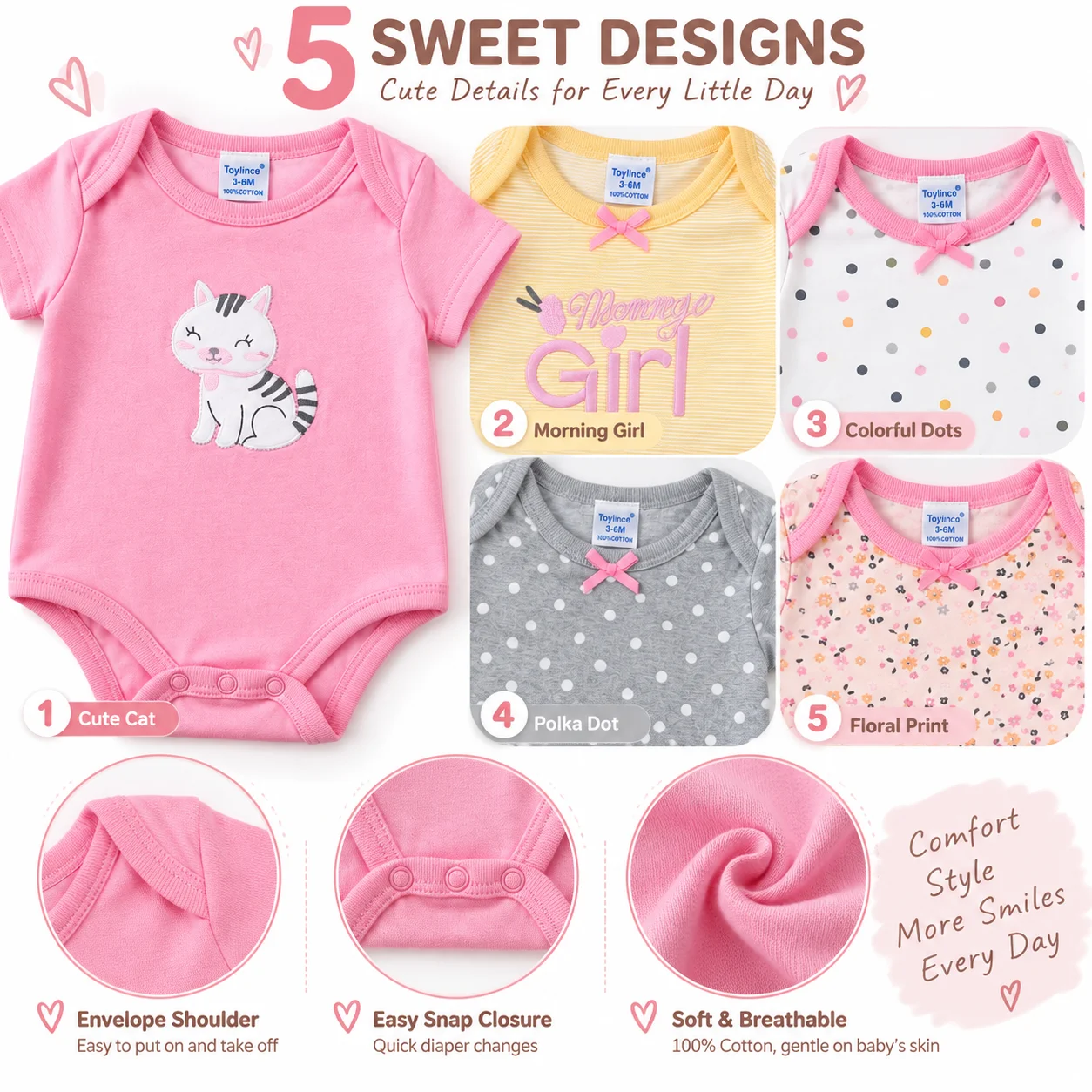 5Pcs Baby Girl Bodysuits 100% Cotton Short Sleeve Rompers Cute Cat Floral Polka Dot Newborn Infant Clothes Outfit Set