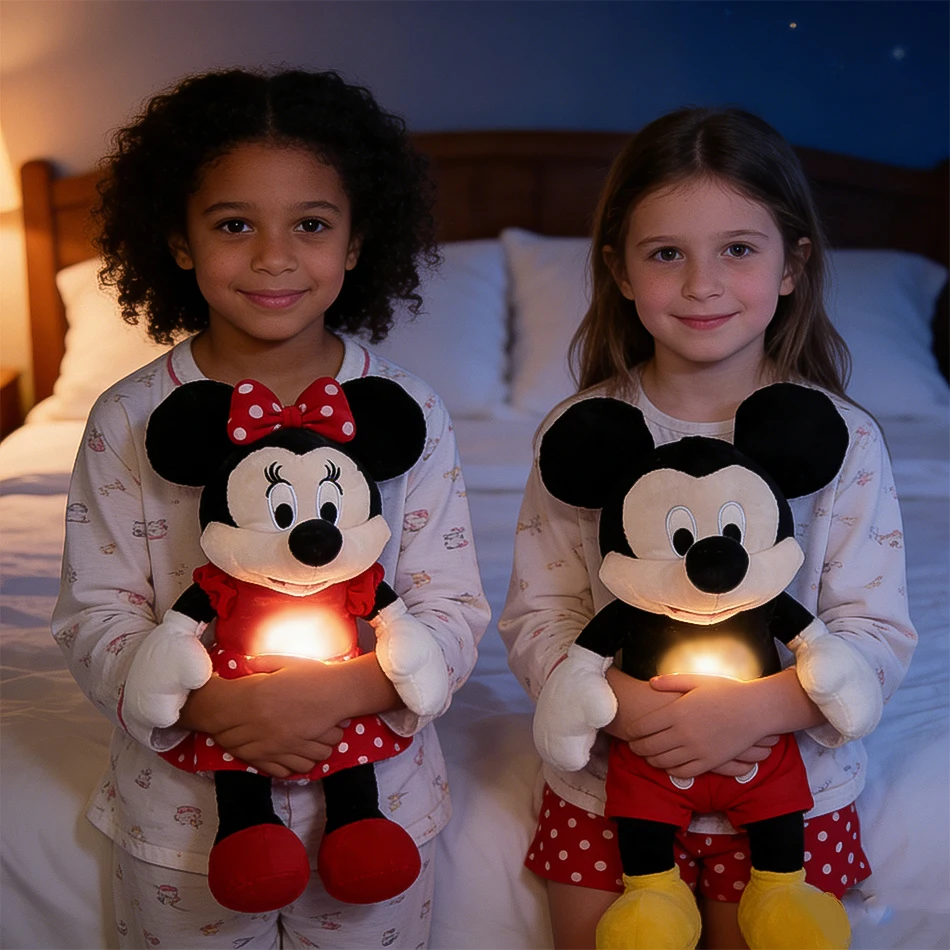 

Плюшевая кукла Disney с Микки и Минни, дыхание ребенка, успокаивающая игрушка, аниме, детская музыка, свет, игрушки для сна, подарки для детей