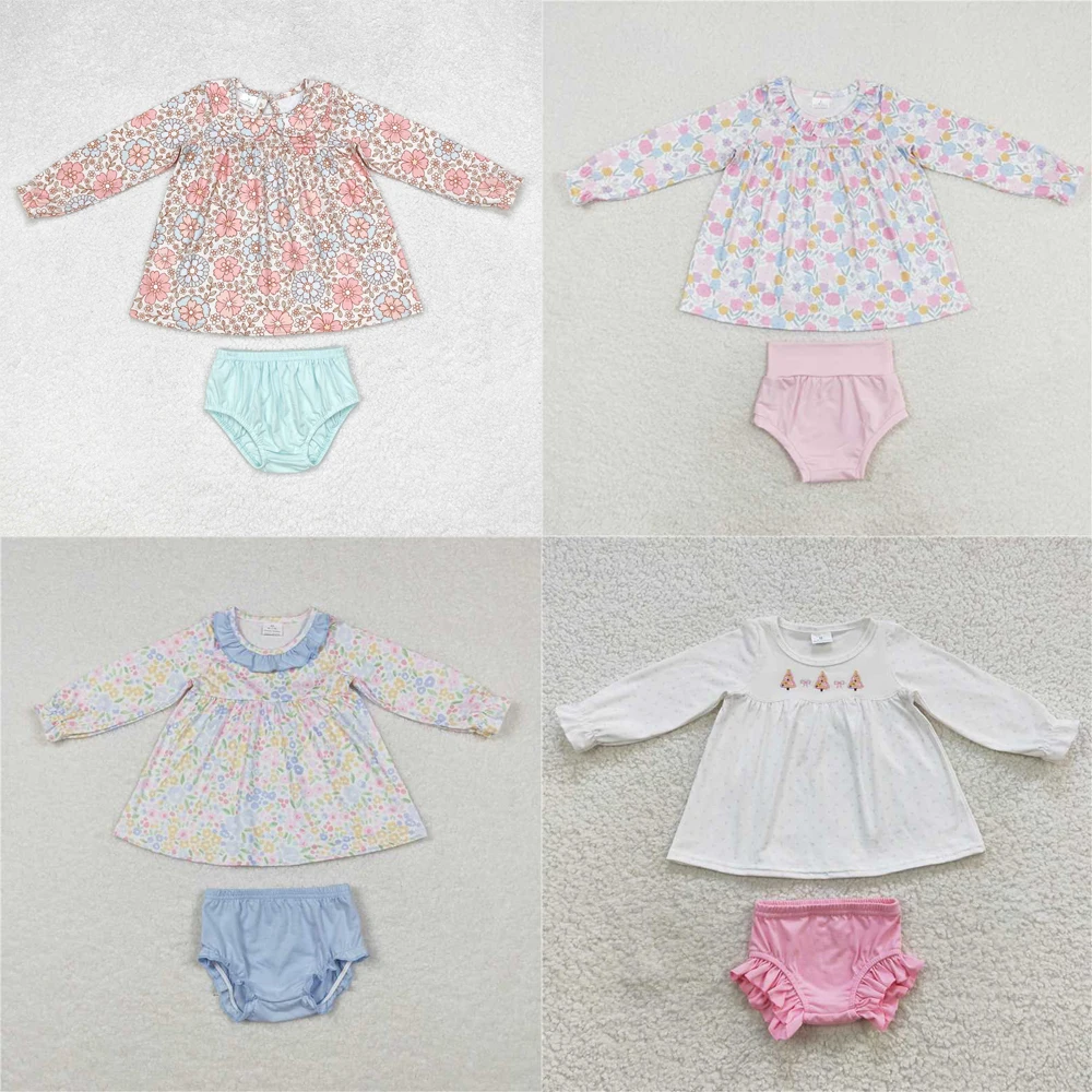 

wholesale summer hot sale western boutique baby girls clothes Floral beige long-sleeved teal briefs suits