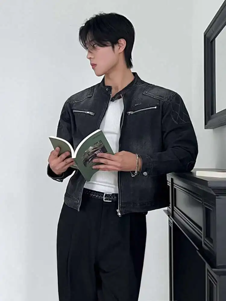 

SYUHGFA 2025 Autumn Stand Collar Solid Color Men's Wear Denim Jackets Zipper Patchwork Korean Style Casual Loose Short Male Coat
