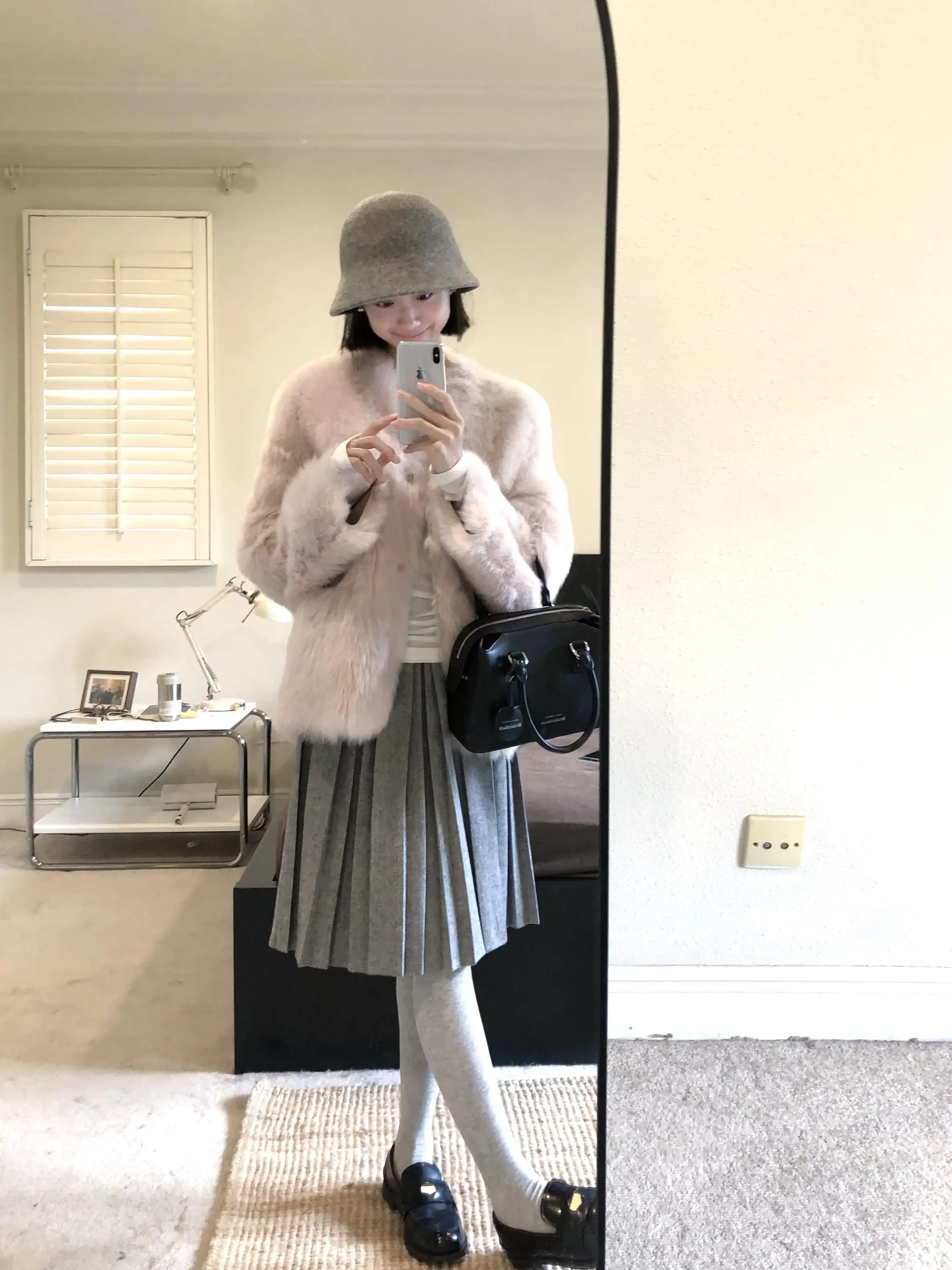 Retro Double Layered Geometric Pleated Light Grey Woolen  Skirt Women's Autumn Winter New Style Grey Series Pleated Midi ...