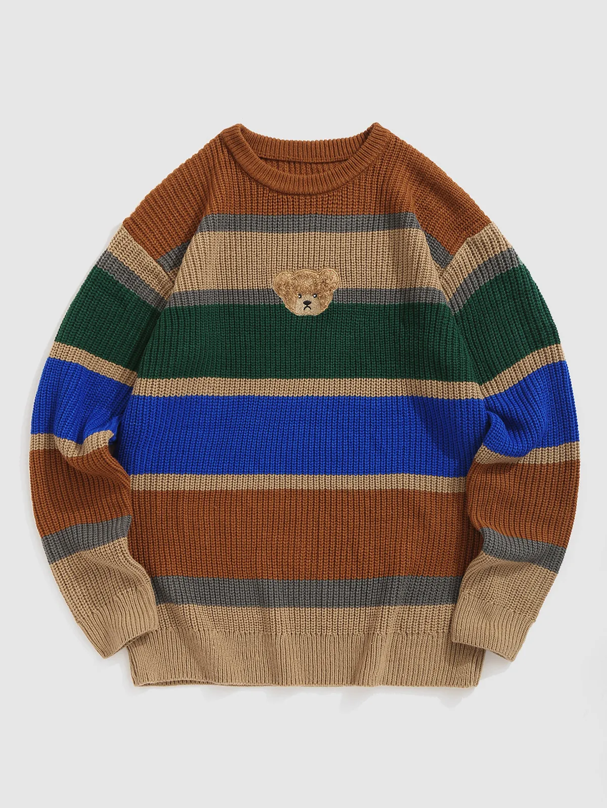 

ZAFUL Men's Colorblock Striped Bear Patched Design Knitted Pullover Sweater