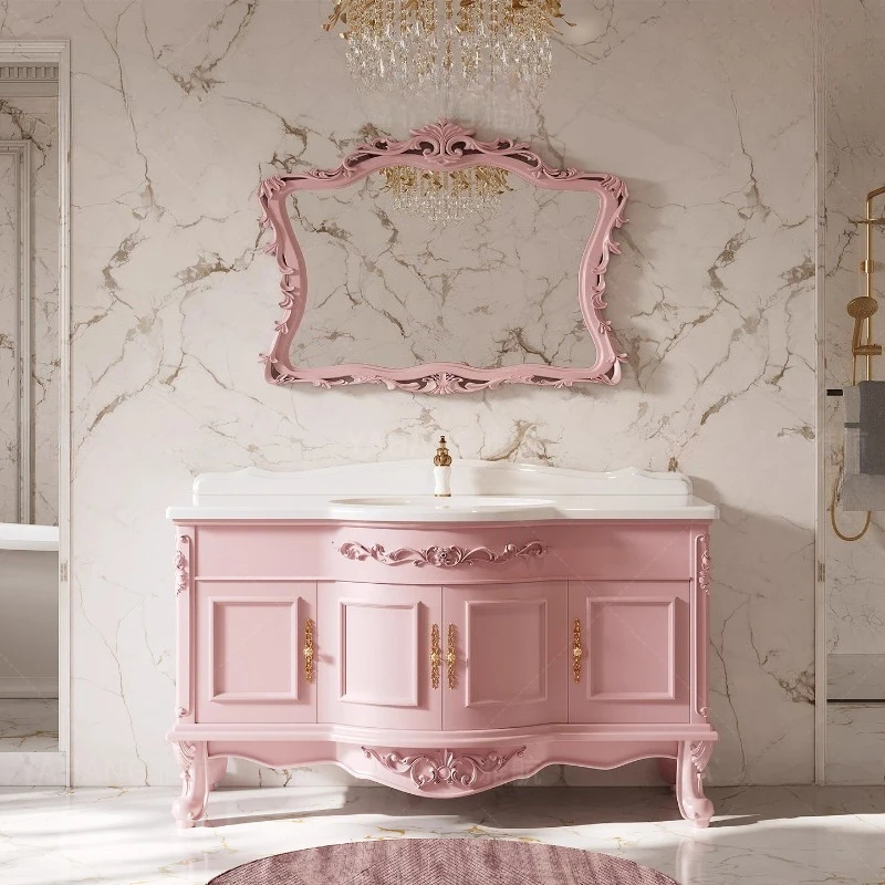 European solid wood paint bathroom cabinet combination bathroom marble washbasin washbasin bathroom cabinet
