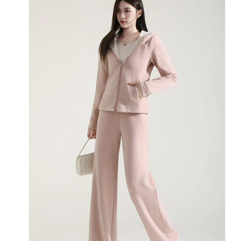 

Комплект из двух предметов: повседневный спортивный костюм с прямым кроем, свободный, универсальный, утепленный флисом, с капюшоном, для женщин, новая осенняя коллекция 2026