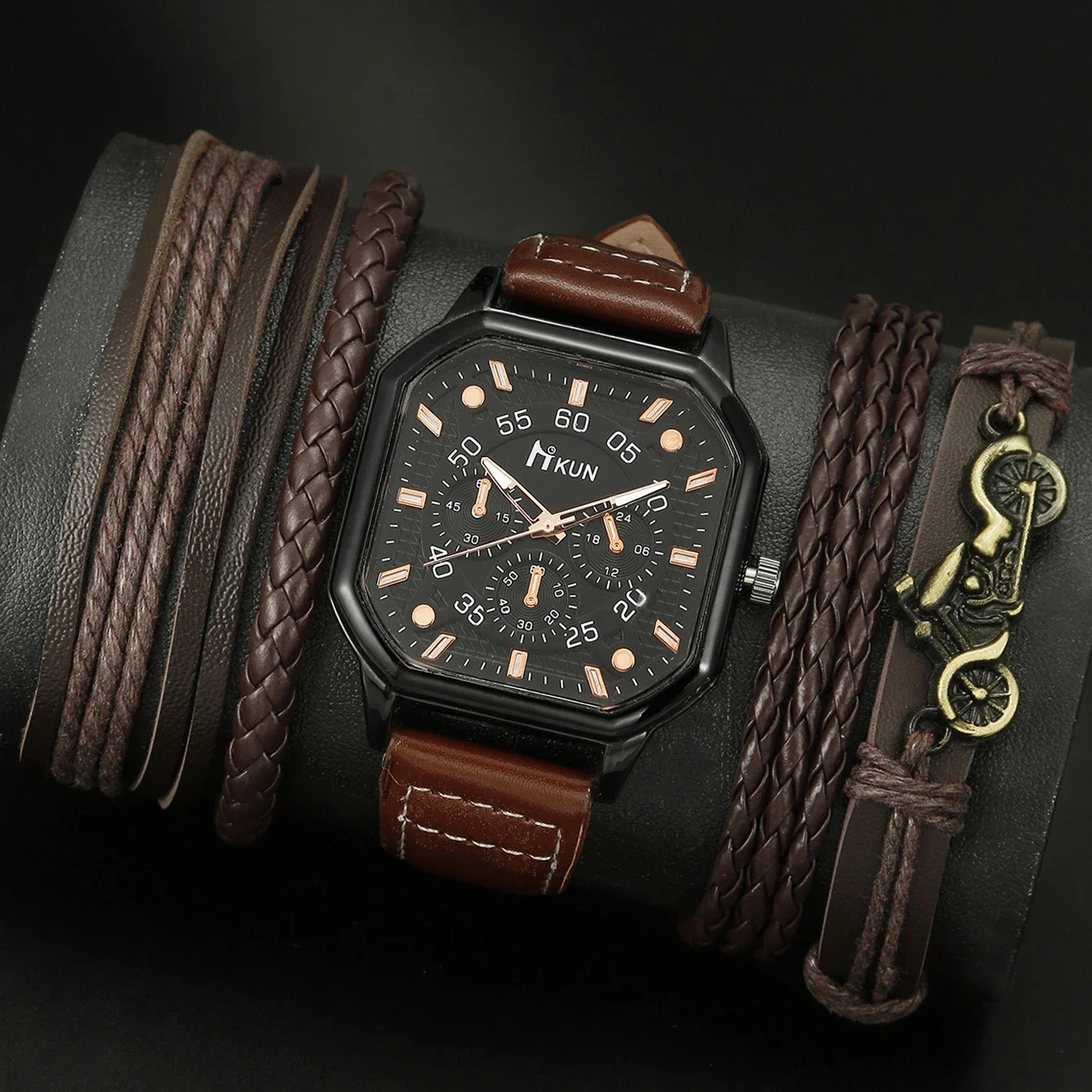 طقم ساعة رياضية من الجلد البني للرجال ، ساعة يد للأعمال سوار فاخر ، هدية غير رسمية على مدار الساعة ، بدون صندوق ، 5 من من من من من من من من 3 ، 1