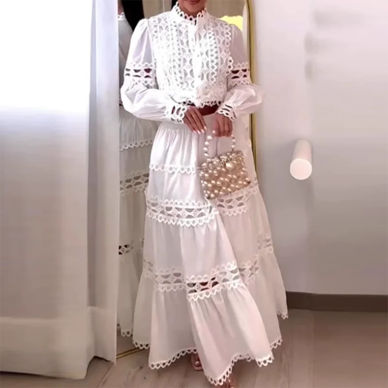 Traje de fiesta holgado con diseño de encaje para mujer, Top informal de manga larga con cuello redondo y falda larga, conjunto de 2 piezas, traje de vacaciones plisado calado Sexy