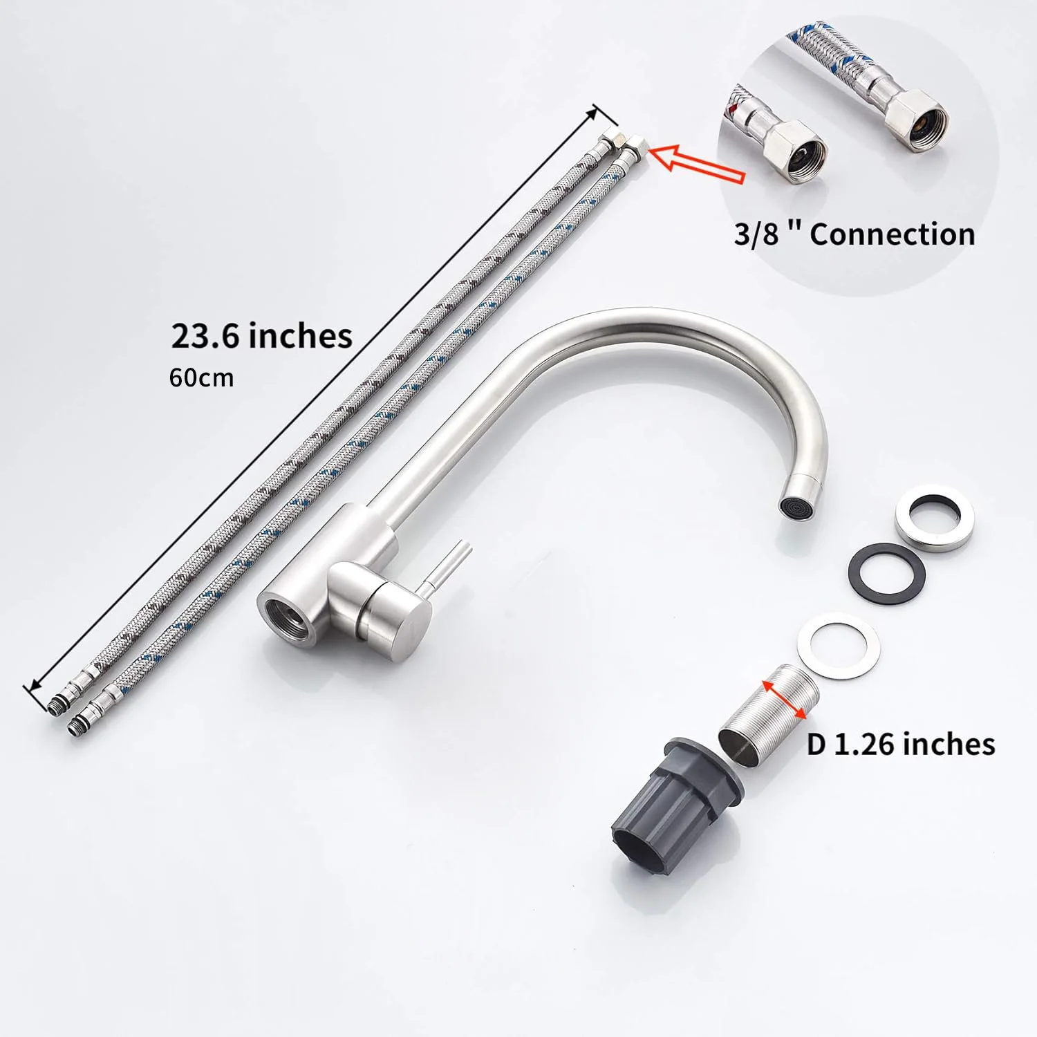 Kitchen sink mixer tap with hose, stainless steel 360° single handle single hole swivel spout, high arc single hole basin tap, h