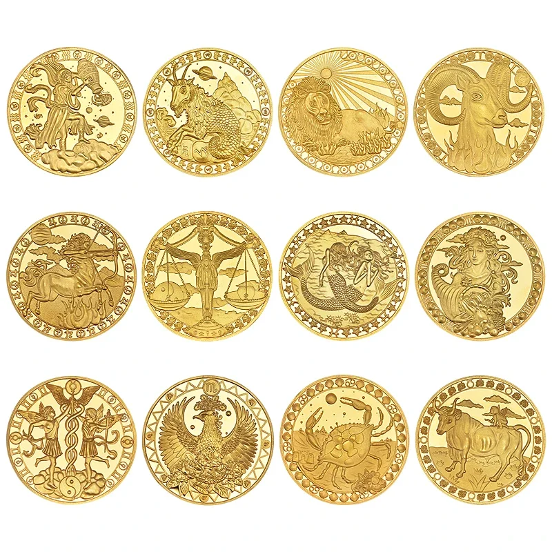 Twelve Constellations coins Gold Embossed Cancer Commemorative Coin Love Mermaid Sun God Coin box Home Decoration Accessories