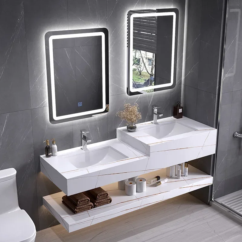 Modern Bathroom Cabinets with Smart Mirror Slate Ceramic Double Washbasin Bathroom Vanity Parent-child Sink Bathroom Furniture