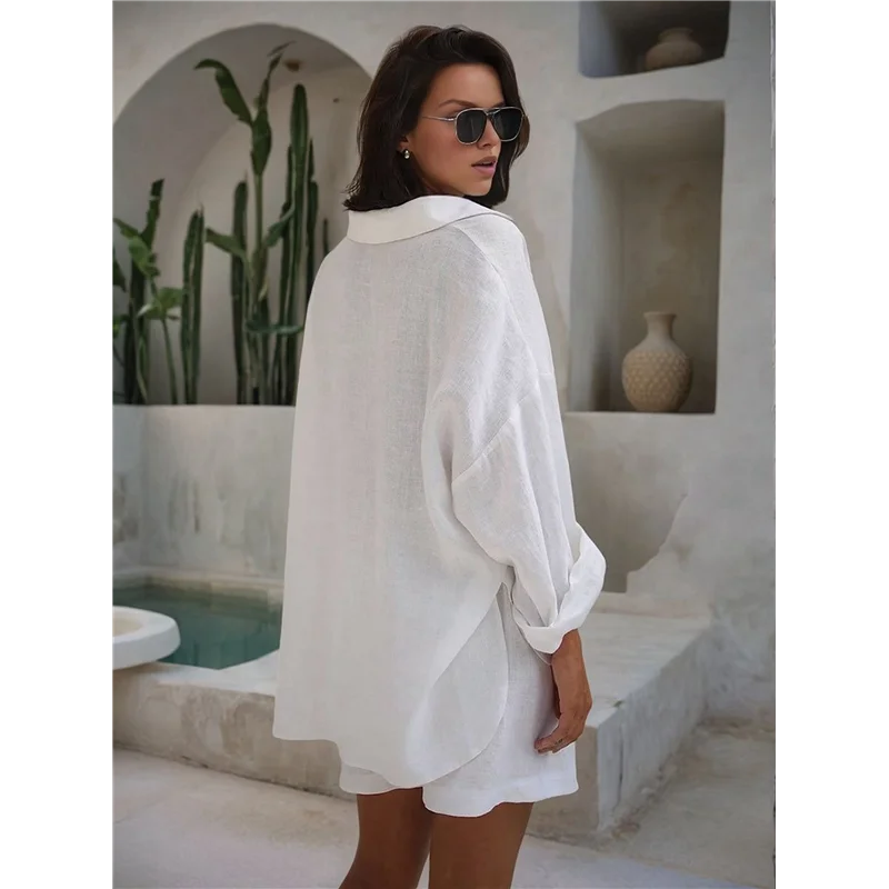 

ASDS-Womens 2 Piece Cover Ups Set Cotton Beach Short Sets Short Sleeve Button Down Shirt Shorts Resort Wear 2025