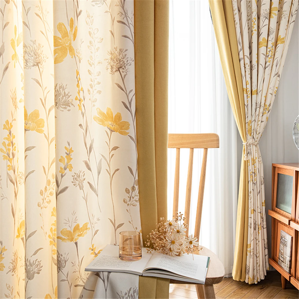 Chevron Printing American Pastoral Country Curtains Splicing Yellow Fabric Semi-shading Curtains for Living Dining Room Bedroom