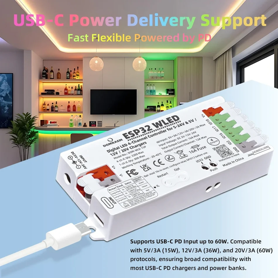 Dual PSU ESP32 WLED Digital LED Controller PD 5V/12V/20V & DC 5-24V with 4 Outputs for WS2811/12B  APA102 Pixel LEDs by DOMRAEM
