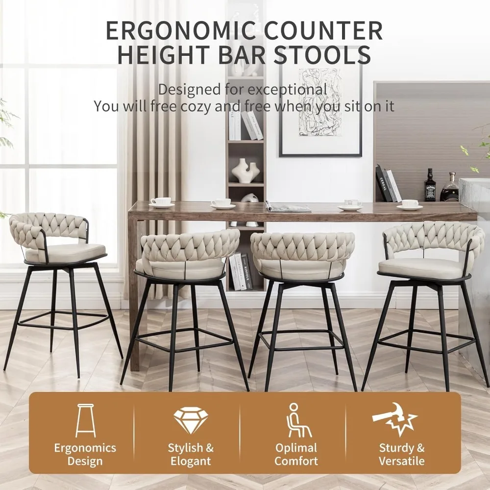 Conjunto de 4 bancos de bar com altura de balcão, cadeiras de bar modernas de 26 polegadas com encosto tecido, 360 °   Bancos de bar giratórios para ilha de cozinha, café