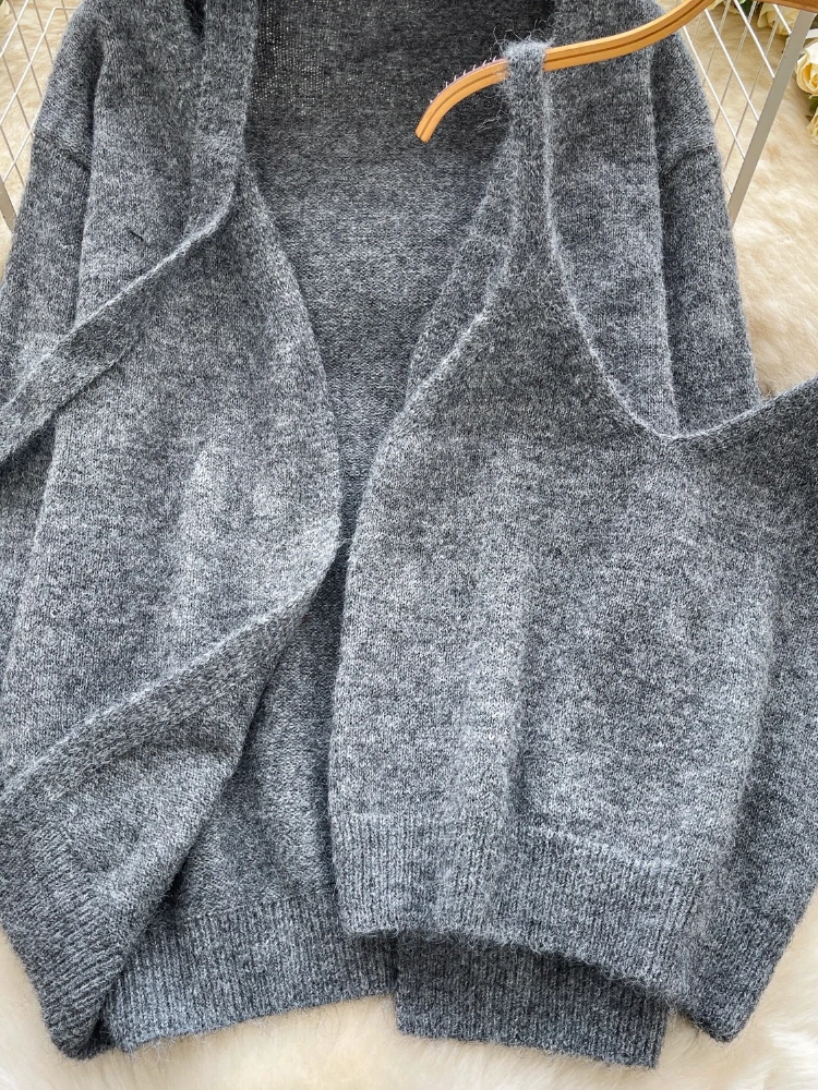 Korean Fashion Elegante Casual Zwei Stück Set Frauen Herbst Winter Faul Stil Schlank Leibchen Tops + Stricken Weiche Strickjacke Solide Outfit