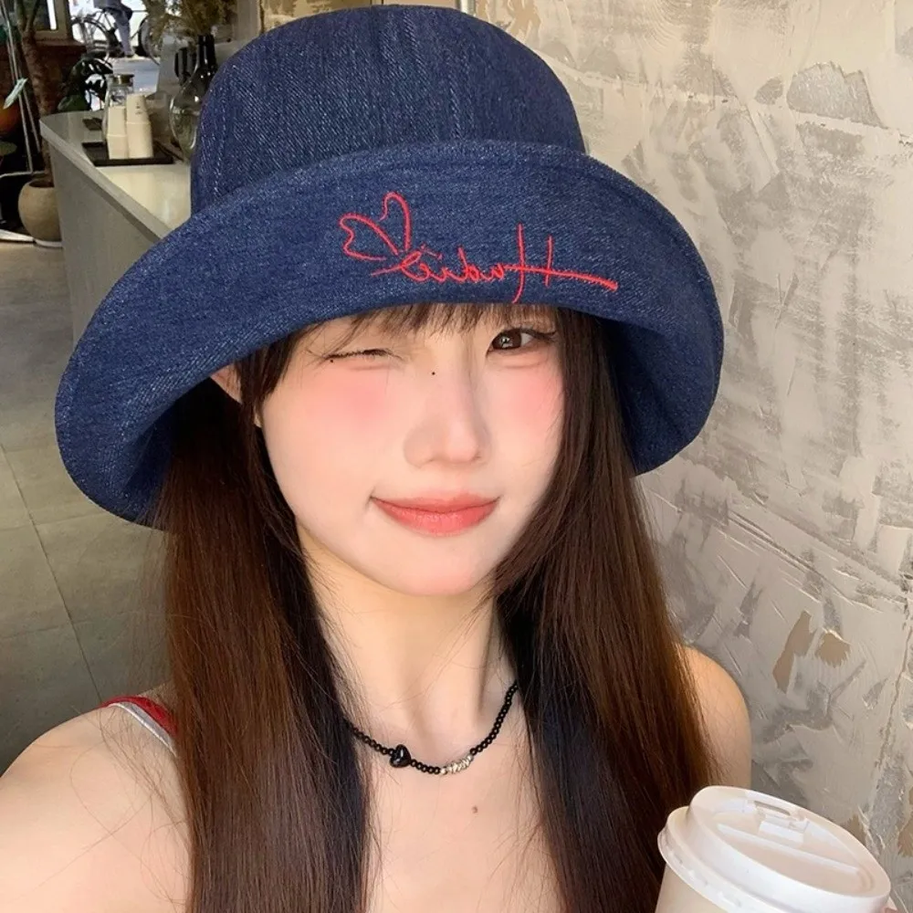 

Fashion Korean Denim Bucket Cap Y2k Versatile Denim Fishing Cap Bow Tie Sweet Sun Protection Hat Women