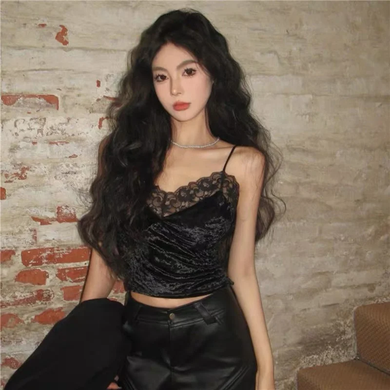 Faionable Gold Velvet Lace Trim Design Strap Vest Women's Autumn Winter Slimming Slim Fit Beautiful Ba Top Nylon Spandex