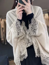 Women's Sweater Cardigan Cashmere Shawls Spring Autumn 100% Merino Wool Knitwear Lace Long Sleeve Loose Female Clothing Tops New