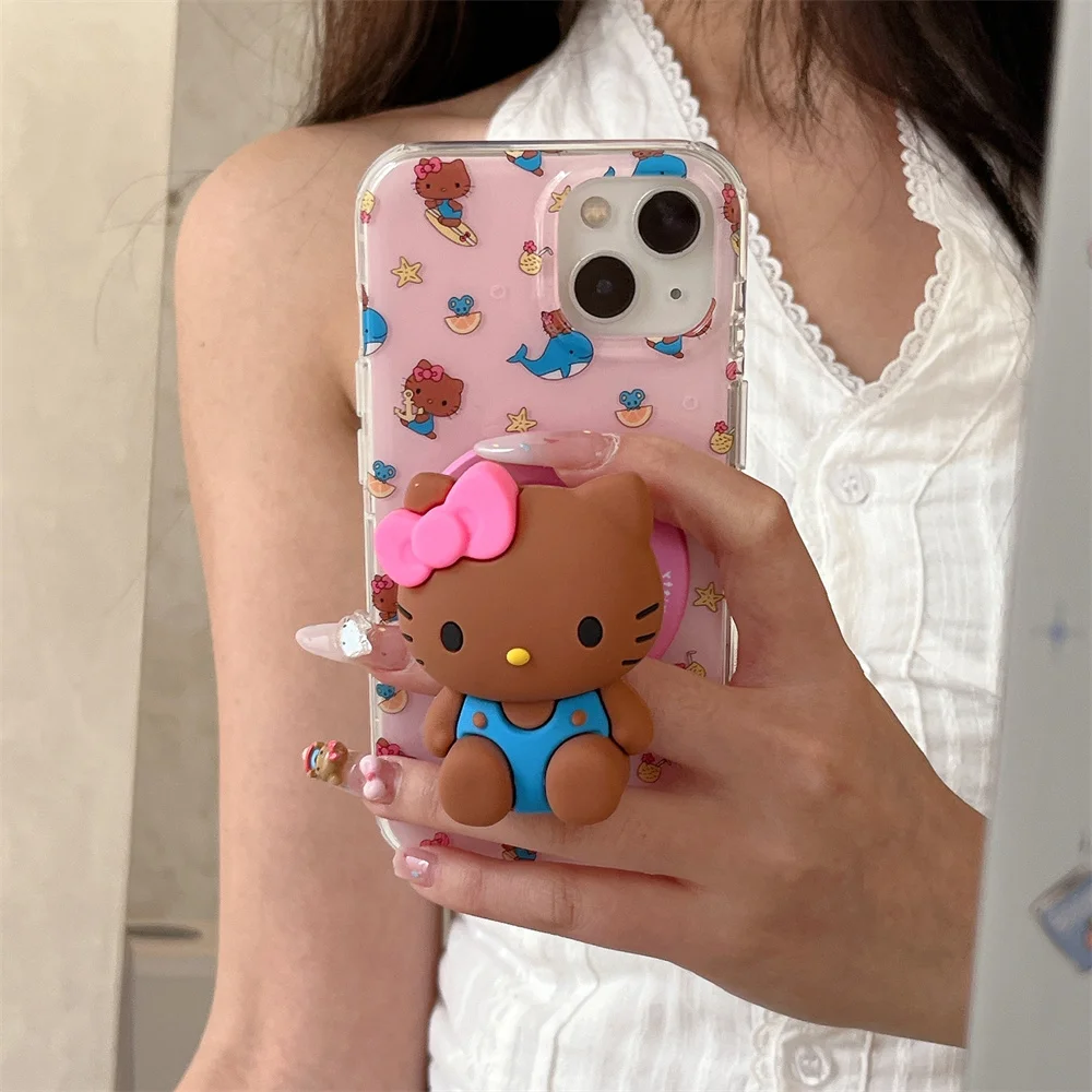 

Korean INS cartoon HelloKitty cat magnetic stand pink phone case for iPhone 14 15 16 Pro Max cover bow cute protective cover