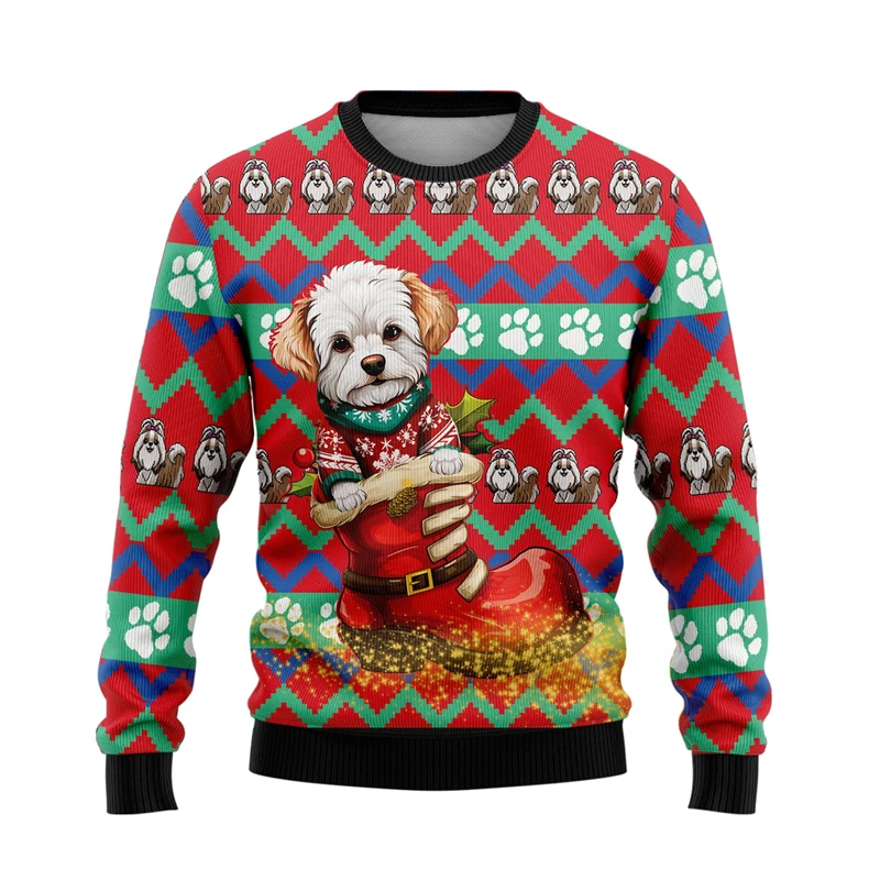 Boots Santa Dog 3D Printed Ugly Christmas Sweater Funny Design Graphic Sweatshirts Kawaii Women Clothes Pet Dogs Pullover Unisex