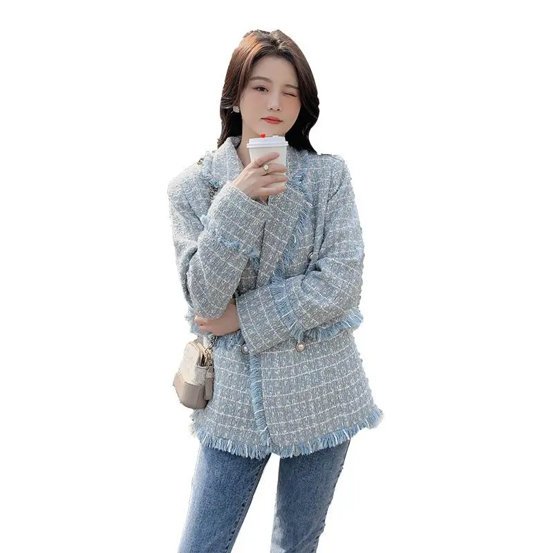 Spring Autumn 2024 New Casual Woolen Suit Jacket Women\'s Outwear Fashion Loose Mid-Length Double-Breasted Burrs Chic Tweed Coat