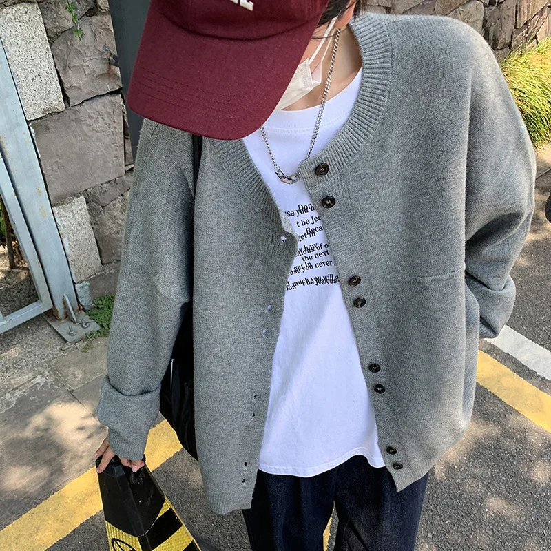 2024 Autumn and Winter New Gray Day Lazy Wind Knit Cardigan Women's Loose Design Feeling Soft Waxy Round Neck Sweater Coat Top